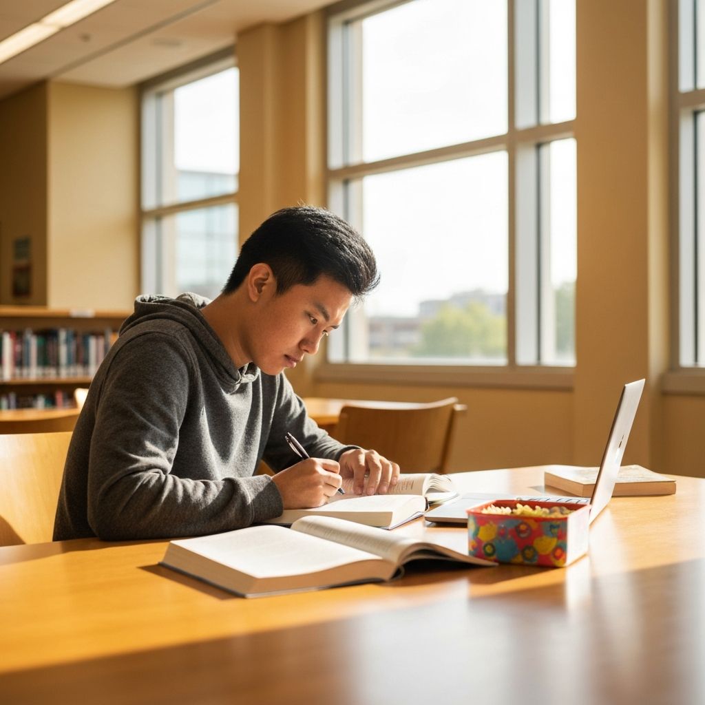 Student mit Mio Meals Box in der Bibliothek